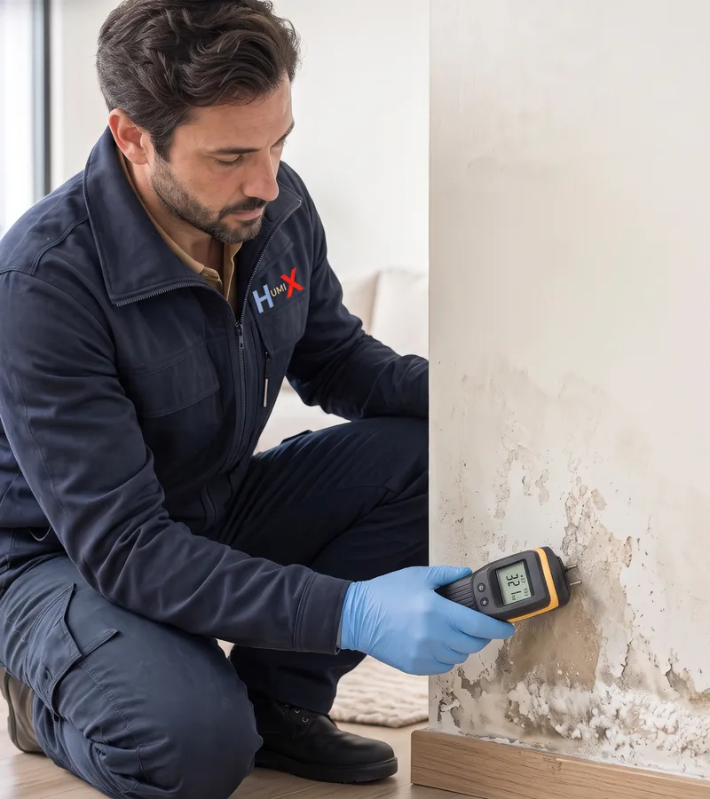 Rising damp and blown plaster at the bottom of a wall in Wigan